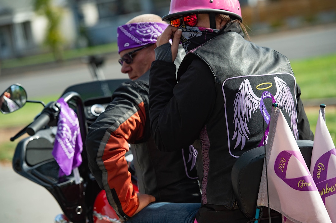 (Francisco Kjolseth  |  The Salt Lake Tribune) Trevor and Emily Jaracz, founders of Bikers Against Domestic Violence B.A.D.V, make a stop at Liberty Park in Salt Lake City, on Saturday, Oct. 17, 2020, to recognize the thousands of individuals in Utah who are impacted by domestic violence each year for the Stop the Violence Utah campaign.