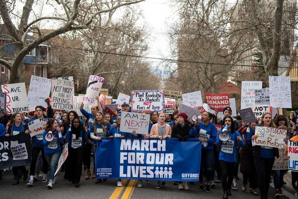(Chris Detrick  |  The Salt Lake Tribune)  Participants march from West High School to the state Capitol during the March for Our Lives SLC Saturday, March 24, 2018. The student-led March for Our Lives SLC got underway about 11:30 a.m. with what police estimated were 8,000 participants walking from Salt Lake CityÕs West High School to the front steps of the state Capitol.