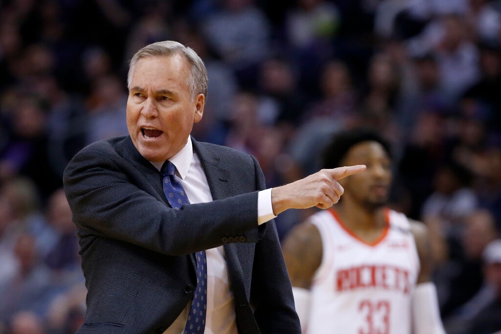 Houston Rockets head coach Mike D'Antoni argues with officials during the first half of an NBA basketball game against the Phoenix Suns, Friday, Feb. 7, 2020, in Phoenix. (AP Photo/Ross D. Franklin)