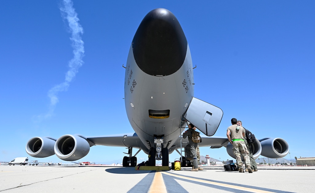 (Will Lester | The Orange County Register via AP) A Boeing KC-135 Stratotanker sits on the tarmac at March Air Reserve Base in Riverside, Apr. 21, 2023. Jonathan J. Dunn, the pilot accused of threatening to shoot a commercial airline captain is an Air Force Reserve lieutenant colonel who served as commander of a reserve squadron at March Air Force Base in Southern California, according to the Air Force.
