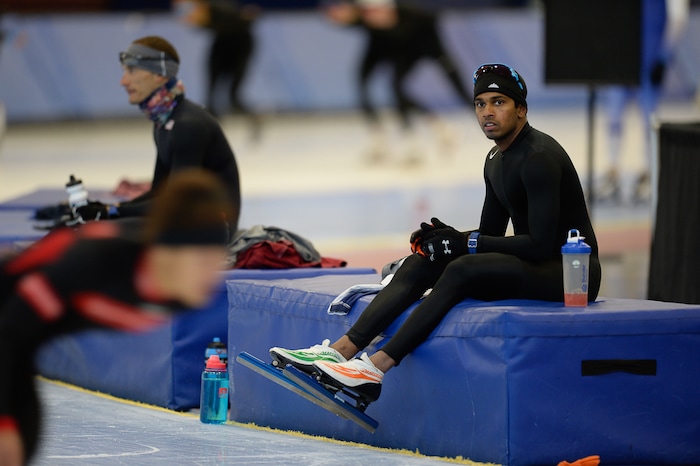 (Francisco Kjolseth | The Salt Lake Tribune) Stephen Paul, a speedskater from India, takes a break during a recent morning training session at the Kearns Olympic Oval. Paul is trying to become the first person ever from his country in his sport to qualify for the Winter Olympics in PyeongChang 2018, South Korea.