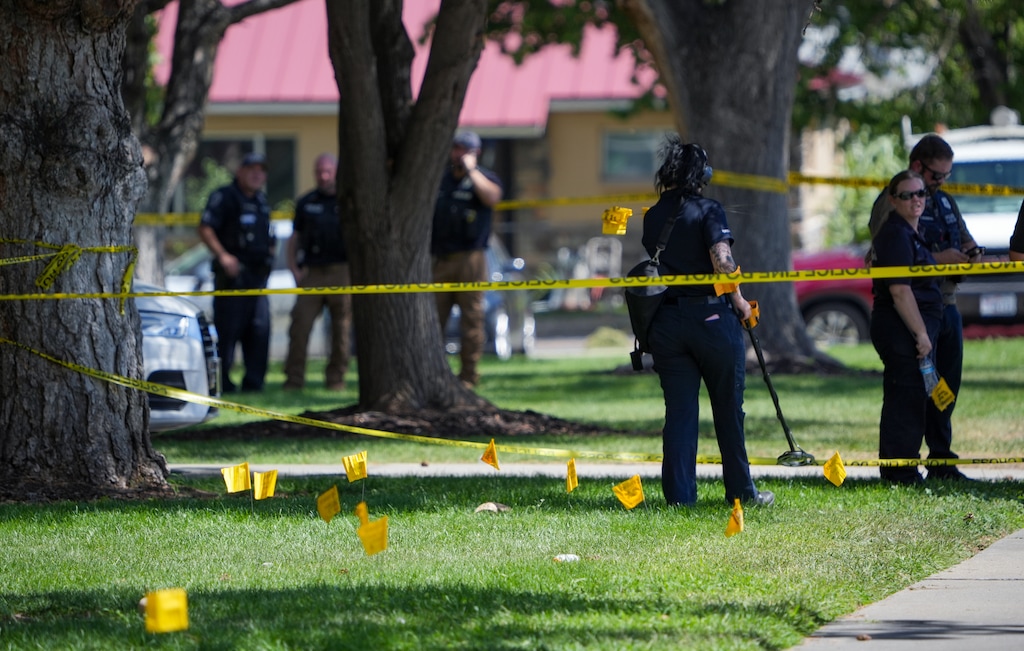 (Chris Samuels | The Salt Lake Tribune) Police investigate a shooting that occurred outside a meetinghouse of The Church of Jesus Christ of Latter-day Saints in Kearns, Monday, Aug. 17, 2026.