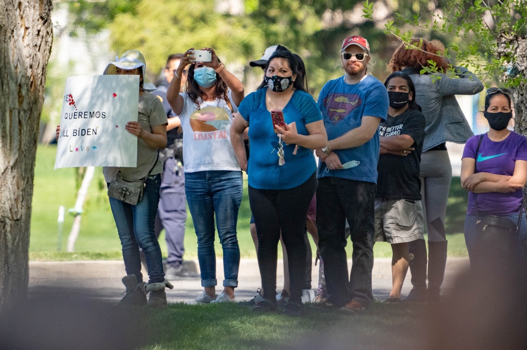 (Francisco Kjolseth | The Salt Lake Tribune) A banner reads “we love you Jill Biden,” as people try and catch a glimpse of first lady Jill Biden, after visiting a pop-up COVID-19 vaccine clinic in Jordan Park on Salt Lake City’s west side on Wednesday, May 5, 2021, during her quick visit to Utah as part of a three-state tour.