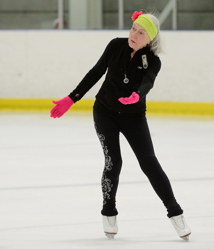 (Francisco Kjolseth  |  The Salt Lake Tribune)  Marci Richards, 73, of Milwaukee, Wisconsin takes to the ice for a practice session as she gets ready to compete in the 2019 U.S. Adult Figure Skating Championships, now in its 25th year, being held at the SLC Sports Complex. Richards who started skating to recover following a skiing accident has competed in 18 Adult Nationals and loves to skate. Over 600 skaters between 21 and 80 will compete April 3-6.