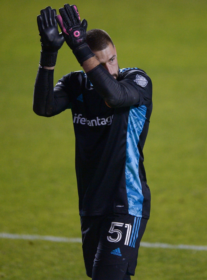 (Leah Hogsten  |  The Salt Lake Tribune) Real Salt Lake goalkeeper Andrew Putna (51) celebrates the win as Real Salt Lake hosts the Portland Timbers, Oct. 14, 2020.