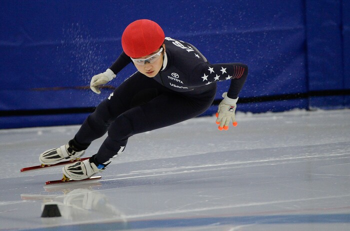 (Francisco Kjolseth  |  The Salt Lake Tribune) Hailey Choi competes in the 2000 meter mixed semifinal relay race as part of the U.S. Short Track Speedskating championships on Friday, Jan. 3, 2020, at the Utah Olympic Oval in Kearns.