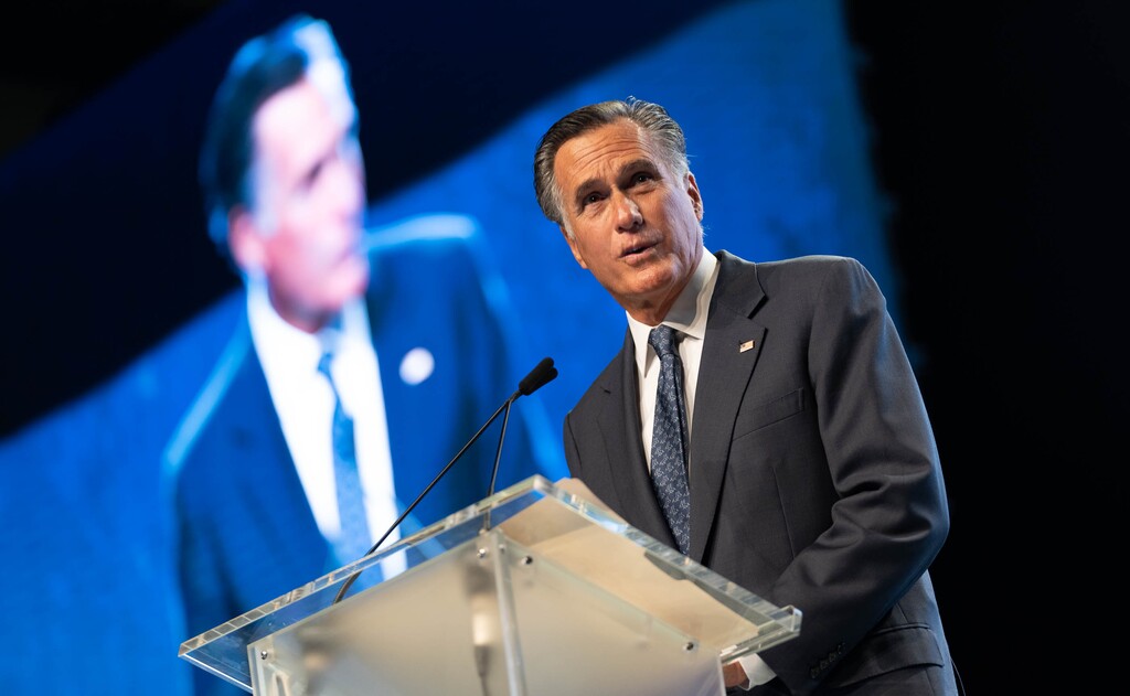 (Francisco Kjolseth | The Salt Lake Tribune) Sen. Mitt Romney faces a hostile crowd during the Utah Republican Party’s 2021 Organizing Convention at the Maverik Center in West Valley City on Saturday, May 1, 2021, where he was booed by Republican delegates numbering more than 1,900.