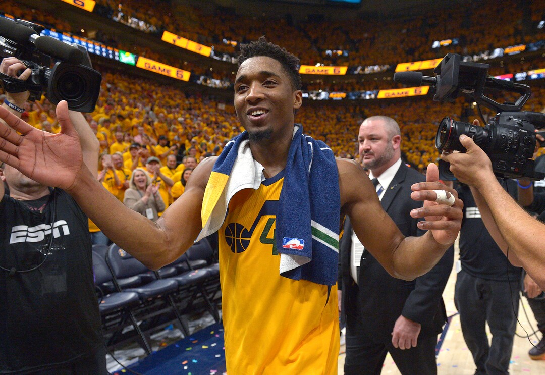(Scott Sommerdorf | The Salt Lake Tribune)
Utah Jazz guard Donovan Mitchell (45) celebrated the win over the Thunder as he walked off the court. The Utah Jazz defeated the Oklahoma City Thunder 96-91 to win the first round playoff series, Friday, April 27, 2018.