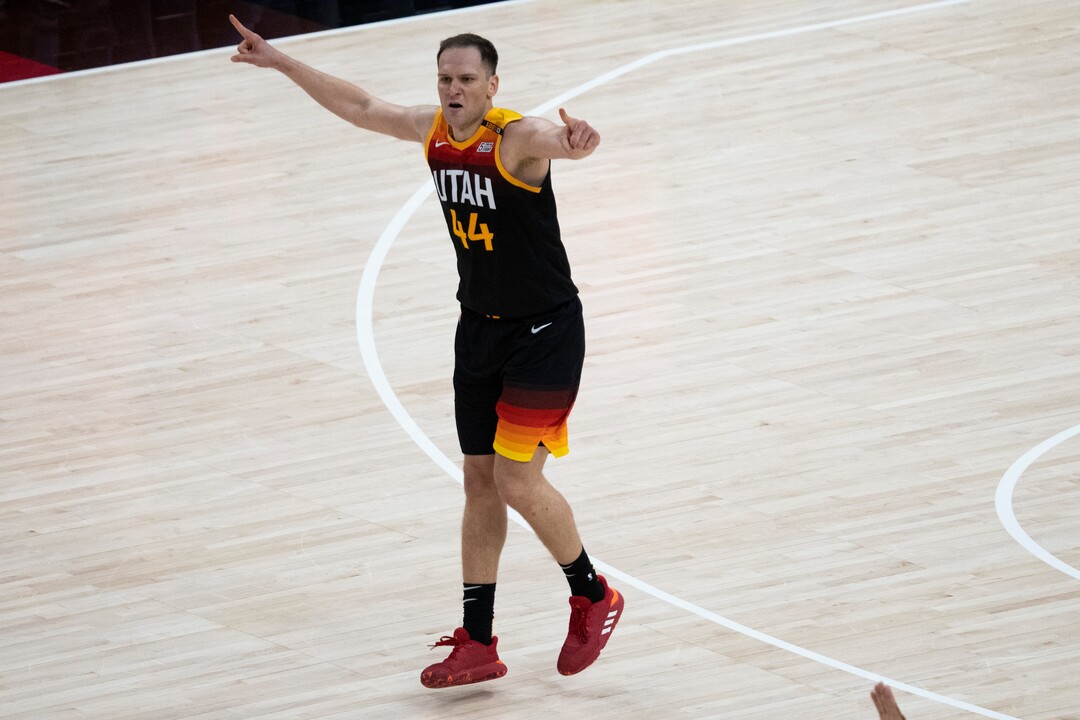 (Rick Egan | The Salt Lake Tribune) Utah Jazz forward Bojan Bogdanovic (44) reacts after sining a 3-pointer to but the Jazz up by 10 points late in the 4th quarter, in NBA action between the Utah Jazz and the LA Clippers, in game one in the second round of the NBA playoff series at Vivint Arena, on Tuesday, June 8, 2021.