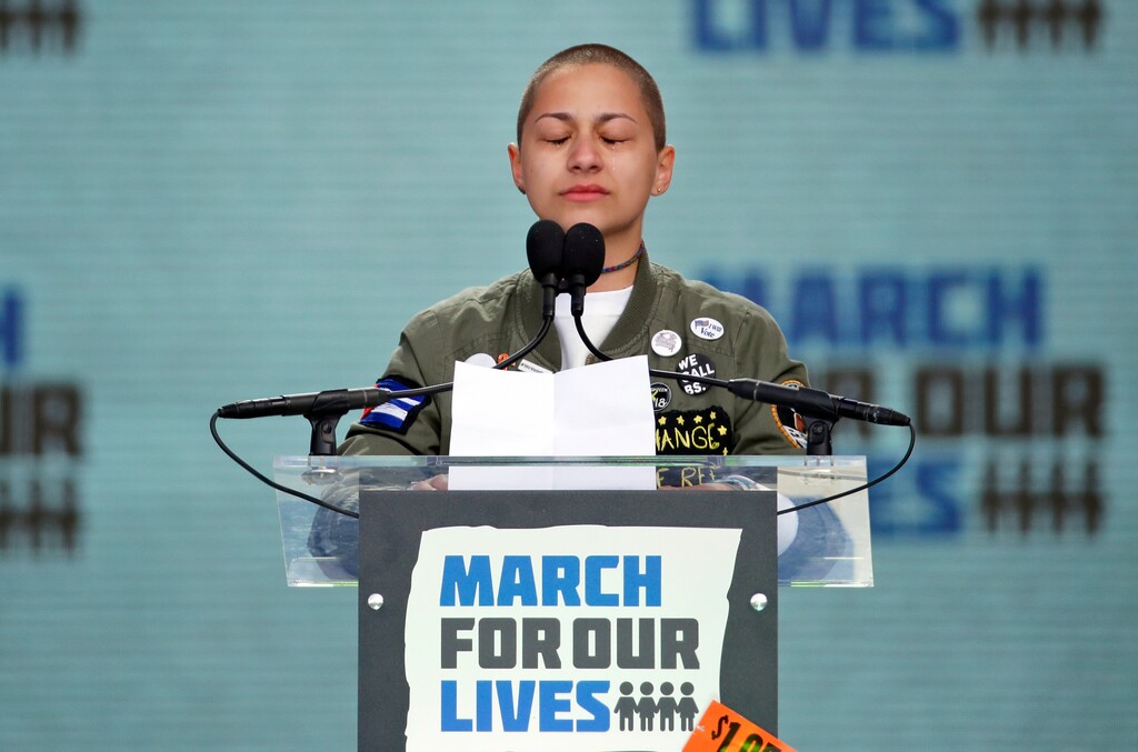 (Alex Brandon | The Associated Press) In this March 24, 2018 file photo, Emma Gonzalez, a survivor of the mass shooting at Marjory Stoneman Douglas High School in Parkland, Fla., closes her eyes and cries as she stands silently at the podium for the amount of time it took the Parkland shooter to go on his killing spree during the "March for Our Lives" rally in support of gun control in Washington. Last year’s shooting at a Florida high school sparked a movement among a younger generation angered by gun violence and set the stage for a significant shift in America’s gun politics.