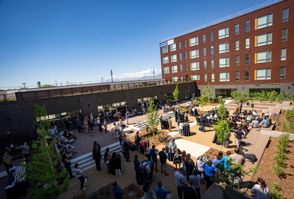 (Rick Egan | The Salt Lake Tribune) Ribbon-cutting ceremony officially opens the SPARK Apartments on North Temple on Wednesday, May 7, 2025.

