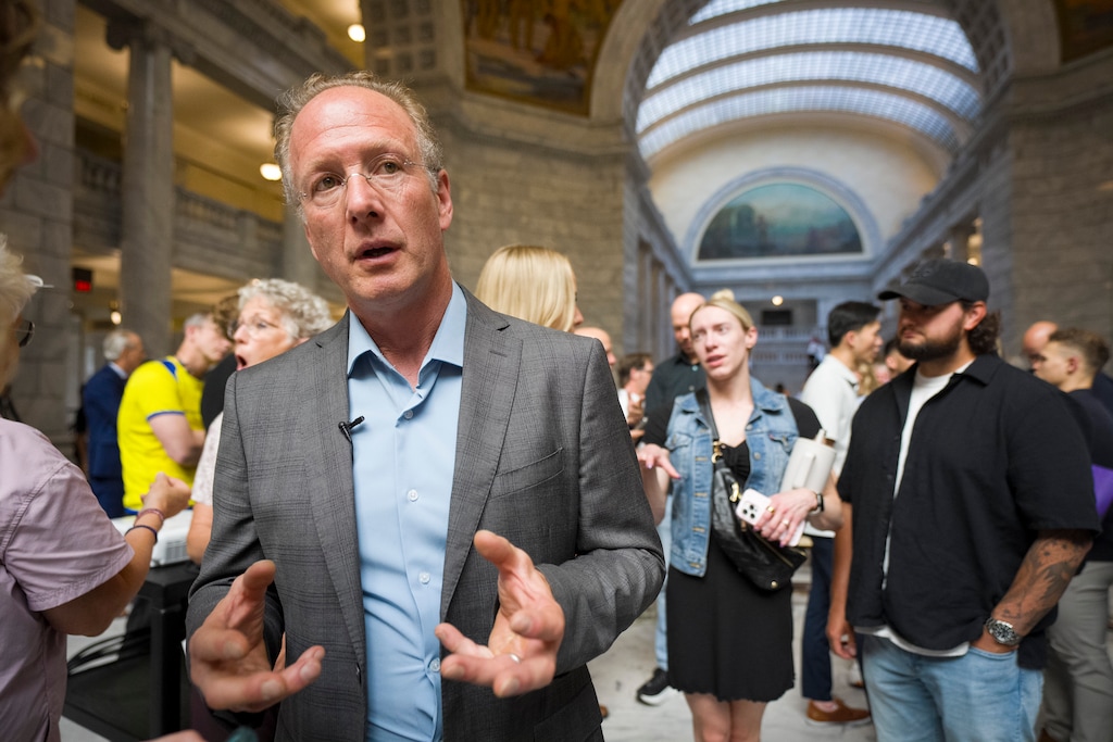 (Bethany Baker | The Salt Lake Tribune) Sculptor Sabin Howard speaks about his design for the Grand Liberty Arch Monument during a special event honoring America's 250th birthday and introducing Utah's Grand Liberty Arch Monument at the Utah Capitol in Salt Lake City on Monday, July 6, 2026.