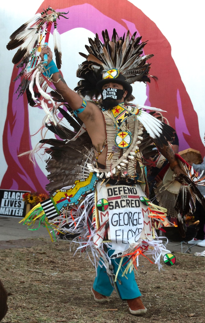 (Rick Egan  |  The Salt Lake Tribune)    Carl Moore dances at the Indigenous Peoples Day celebration, on Monday, Oct. 12, 2020.