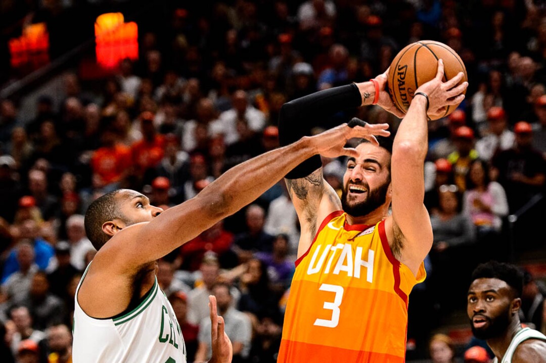 (Trent Nelson | The Salt Lake Tribune)  Utah Jazz guard Ricky Rubio (3) defended by Boston Celtics center Al Horford (42). Utah Jazz vs. Boston Celtics, NBA basketball in Salt Lake City on Friday Nov. 9, 2018.