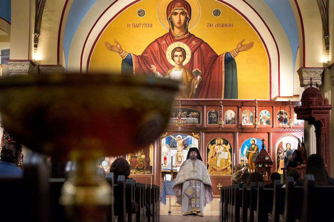 (Scott Sommerdorf   |  The Salt Lake Tribune)   The Very Rev. Archimandrite George Nikas leads the Epiphany service (also called Theophany in Orthodox), at Holy Trinity Cathedral, Saturday, January 6, 2018.
