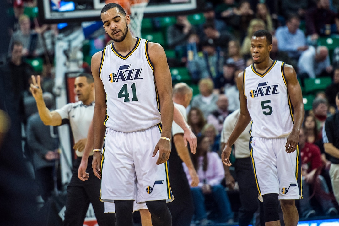 Chris Detrick  |  The Salt Lake TribuneUtah Jazz forward Trey Lyles (41) and Utah Jazz guard Rodney Hood (5) walk off of the court after the 1st quarter during the game at Vivint Smart Home Arena Friday December 18, 2015.  