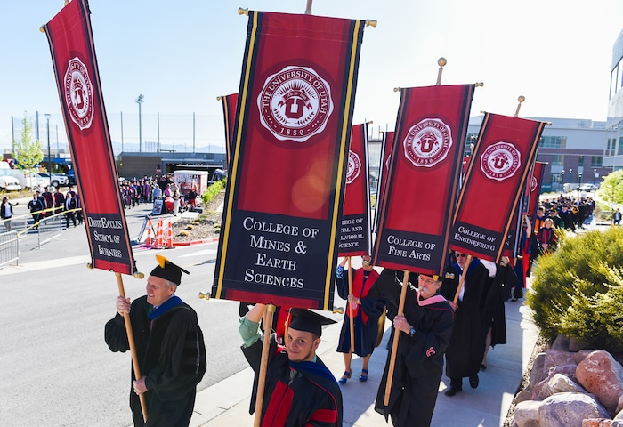(Francisco Kjolseth  |  The Salt Lake Tribune)  University of Utah in Salt Lake City begins their celebration of its largest graduating class with 8,568 graduates for their 2018 commencement ceremonies on Thursday, May 3, 2018, on their way to the Jon M. Huntsman Center.