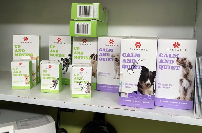(David Zalubowski | The Associated Press) In this Sept. 29, 2017 photo, marijuana products for dogs are lined up on a shelf in the Bend Veterinary Clinic in Bend, Ore. People anxious to relieve suffering in their pets are increasingly turning to oils and powders that contain CBDs, a non-psychoactive component of marijuana, even though there's little evidence they actually work, or whether there might be harmful side effects.