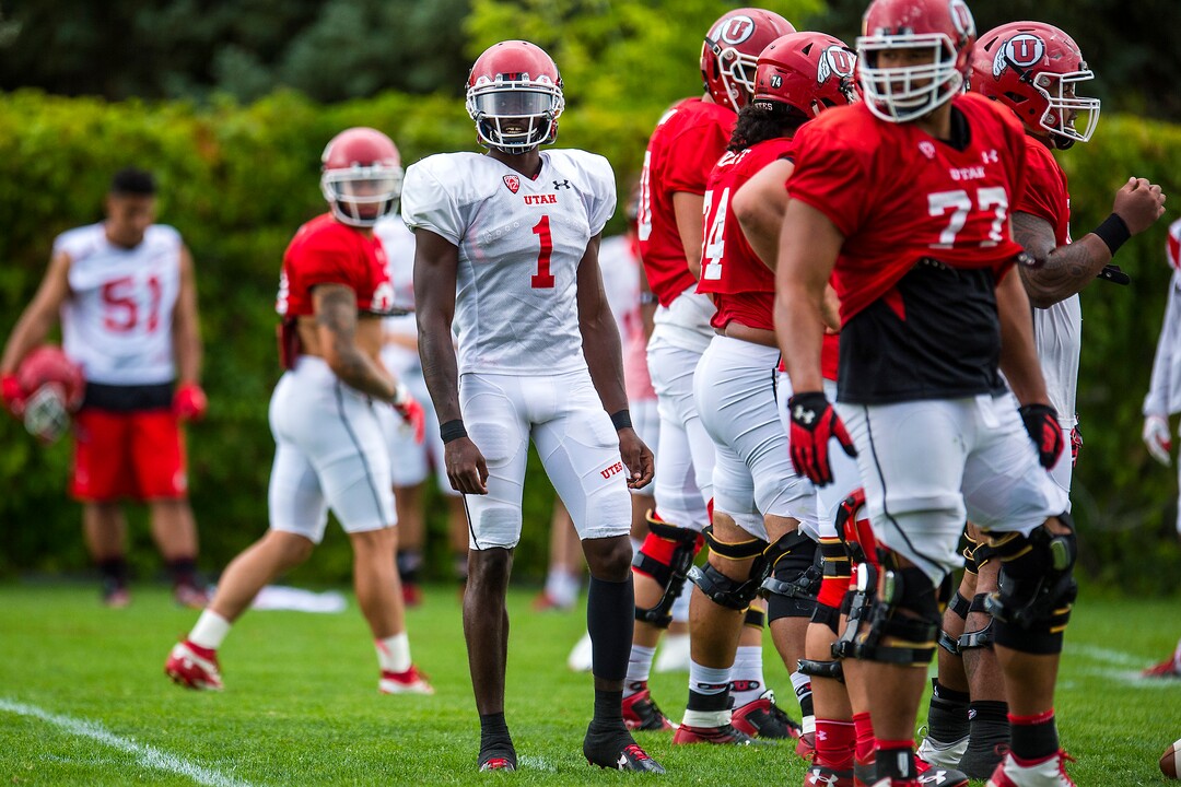 (Chris Detrick  |  The Salt Lake Tribune) Utah Utes quarterback Tyler Huntley (1) during practice Tuesday, August 22, 2017. 