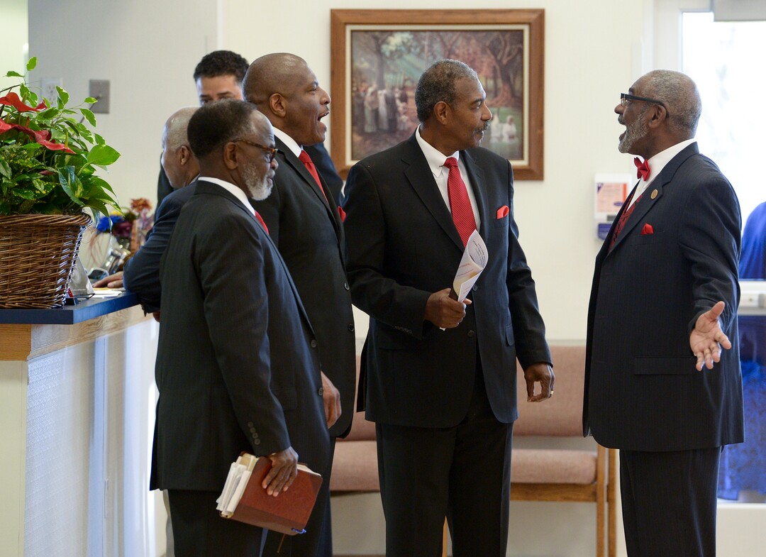 (Leah Hogsten  |  The Salt Lake Tribune) The Rev. France A. Davis celebrates his 44th anniversary as pastor at Calvary Baptist Church with members of his congregation, Sunday, April 22, 2018. Davis, who arrived in Salt Lake City in 1974 with his wife Willene Davis, has built the African-American congregation to more than 700 members. 