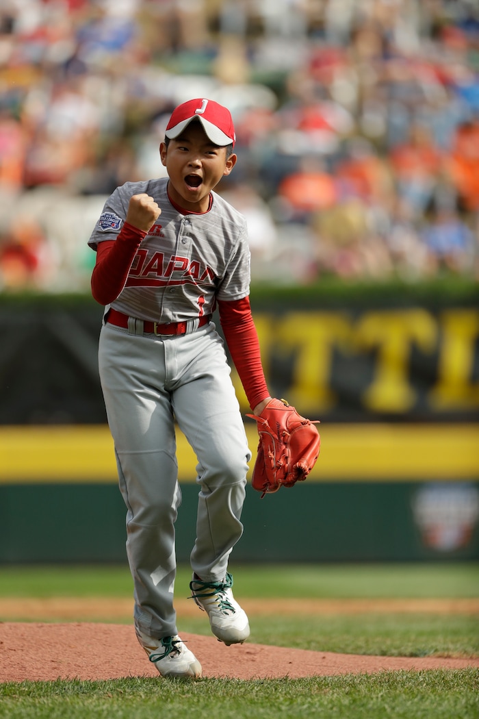 Japan's Tsubasa Tomii celebrates an out during the Little League World Series Championship baseball game against Lufkin, Texas, Sunday, Aug. 27, 2017, in South Williamsport, Pa. Japan won 12-2 in five innings. (AP Photo/Matt Slocum)