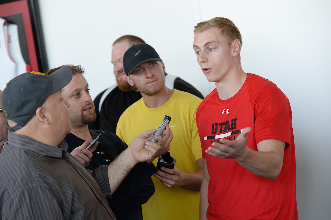 (Francisco Kjolseth  |  The Salt Lake Tribune)  Parker Van Dyke speaks with the press during media day at the Ute basketball practice facility on Wed. Sept. 26, 2018.