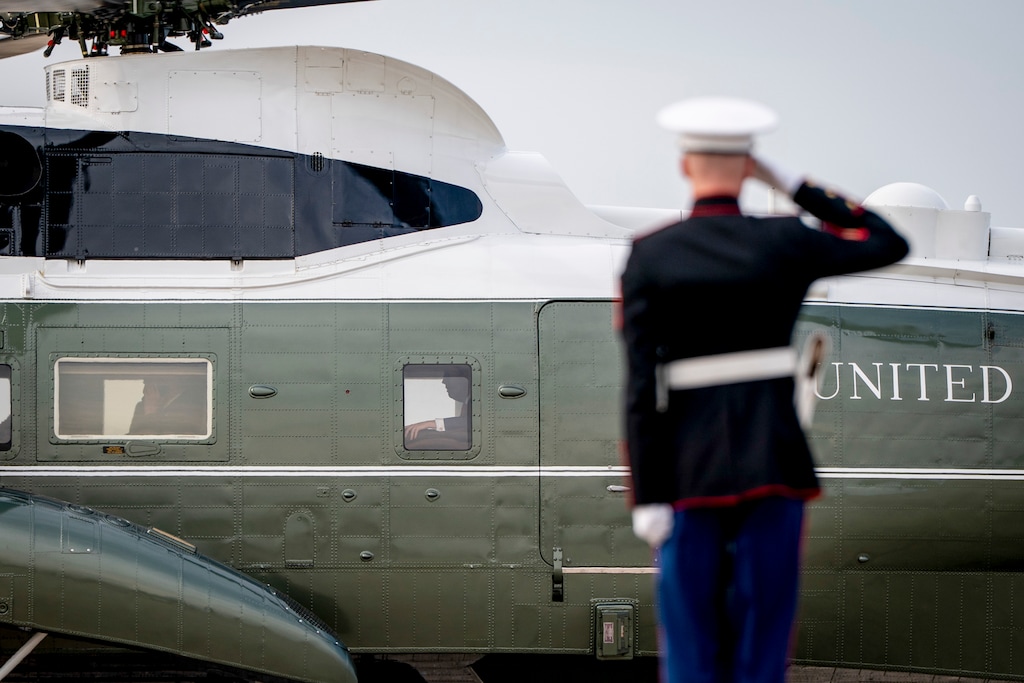 FILE — President Donald Trump arrives aboard Marine One at Joint Base Andrews, Md., May 1, 2025. (Haiyun Jiang/The New York Times)