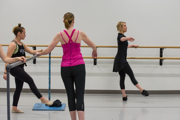 (Alex Gallivan  |  Special to the Tribune)  Instructor Nikki Bybee demonstrates basic techniques during the adult class at Ballet West Academy in Salt Lake City, Wednesday, Jan. 31.