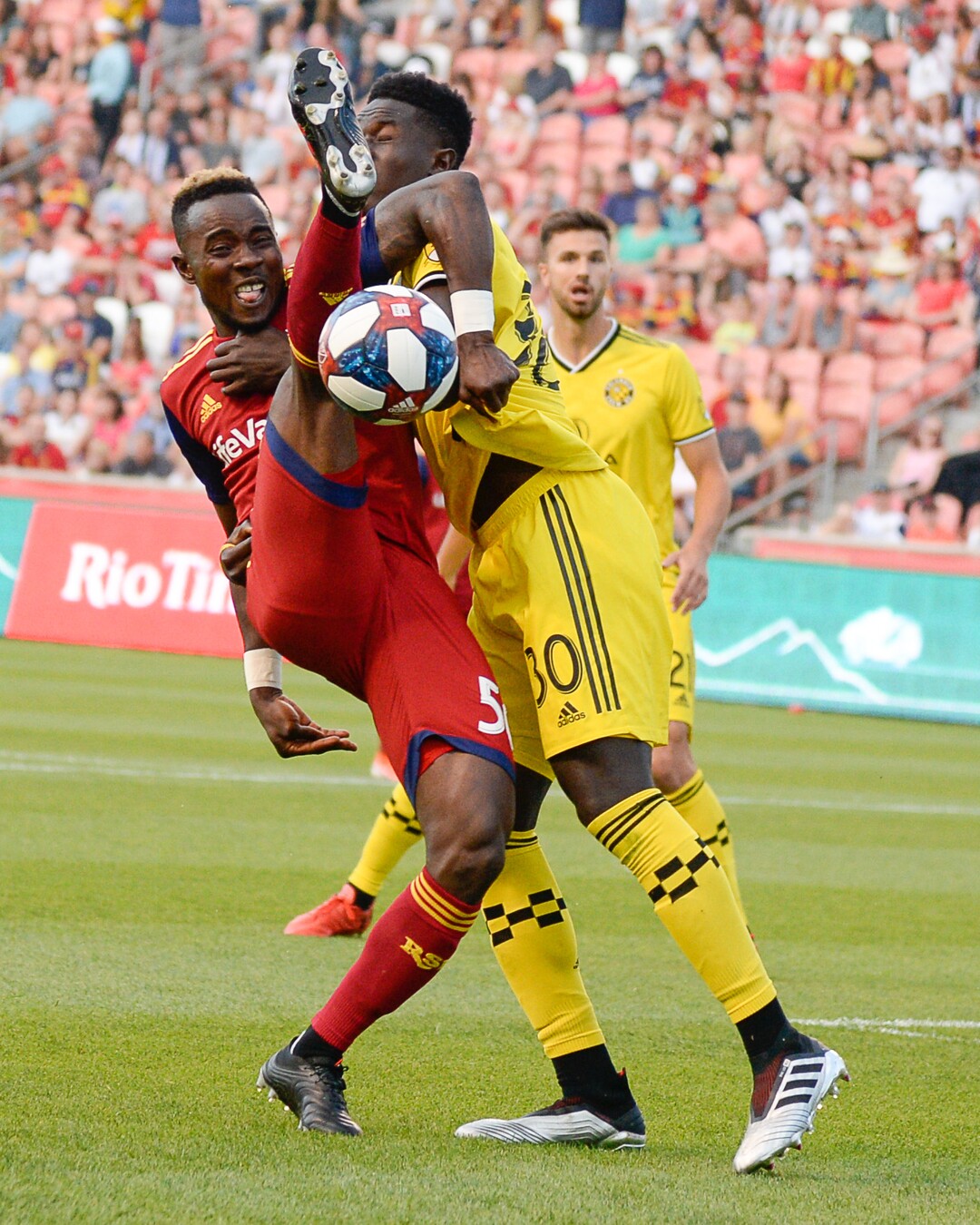 (Francisco Kjolseth  |  The Salt Lake Tribune)  Real Salt Lake forward Sam Johnson (50) gets hung up on Aboubacar Keita (30) as Real Salt Lake hosts Columbus Crew SC, in MLS Soccer at Rio Tinto Stadium in Sandy, Utah on Wed, July 3, 2019.