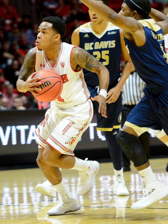 (Steve Griffin  |  The Salt Lake Tribune)  during the Utah versus UC Davis men's NIT basketball game at the Hunstman Center in Salt Lake City Wednesday March 14, 2018.