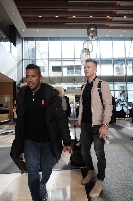 (Photo courtesy Bobby Hitz/Real Salt Lake: RSL players Joao Plata (left) and Albert Rusnák arrive at their hotel in Toronto earlier this season prior to RSL's match against Toronto FC on March 30.