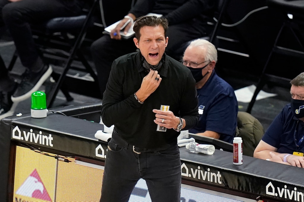 Utah Jazz coach Quin Snyder shouts to his team during the first half of the team's NBA basketball game against the Los Angeles Clippers on Friday, Jan. 1, 2021, in Salt Lake City. (AP Photo/Rick Bowmer)