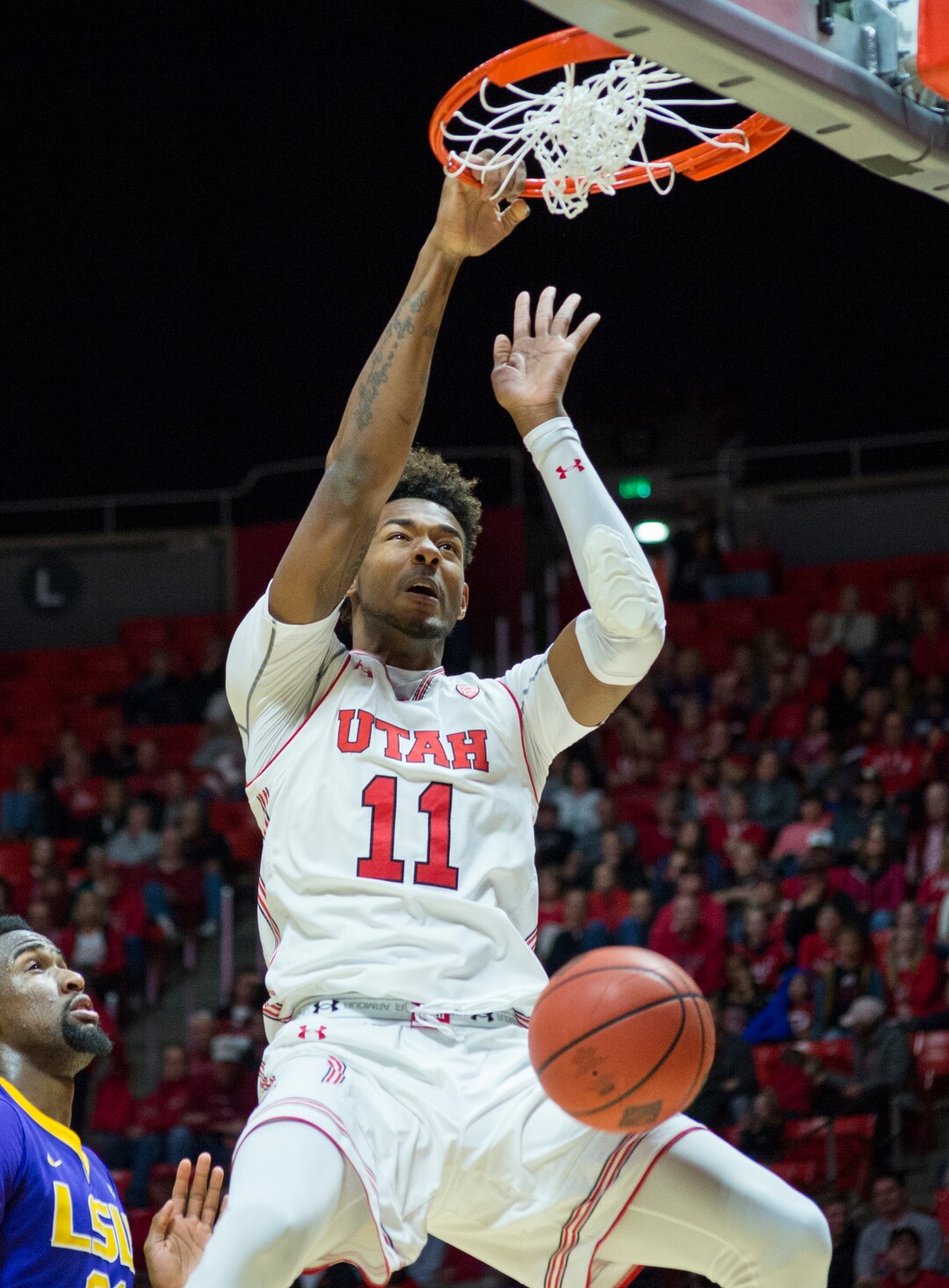 (Rick Egan  |  The Salt Lake Tribune)    Utah Utes forward Chris Seeley (11) dunks the ball, in NIT playoff action between Utah Utes and LSU Tigers at the Jon M. Huntsman Center, Monday, March 19, 2018.