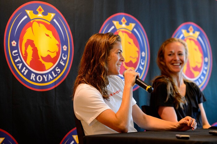 (Trent Nelson | The Salt Lake Tribune)
Utah Royals defenders Kelley O'Hara and Becky Sauerbrunn speak about their World Cup experiences at a news conference in Sandy on Wednesday July 17, 2019.
