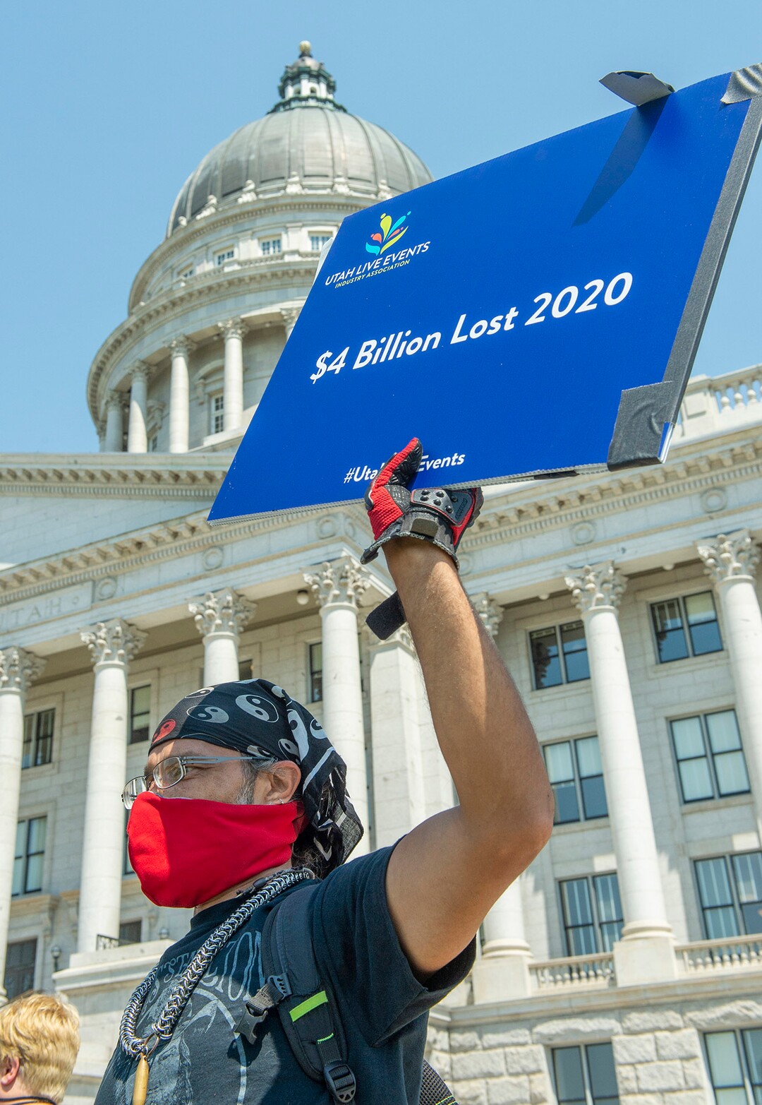 (Rick Egan  |  The Salt Lake Tribune)      Jesse “Dead Pool” Torres joins more than 100 members of the Utah Live Events Industry Association at the State Capitol in a silent march to call attention to the state of their industry, onTuesday, July 21, 2020.