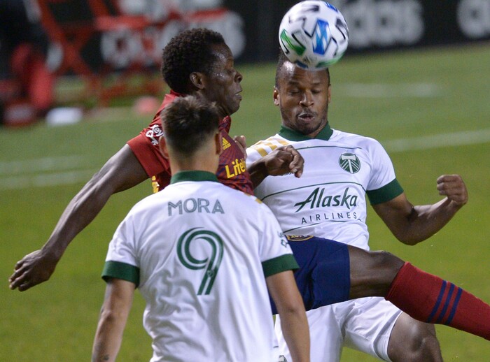 (Leah Hogsten  |  The Salt Lake Tribune) Real Salt Lake defender Nedum Onuoha (14) battles Portland Timbers forward Jeremy Ebobisse (17) as Real Salt Lake hosts the Portland Timbers, Oct. 14, 2020.