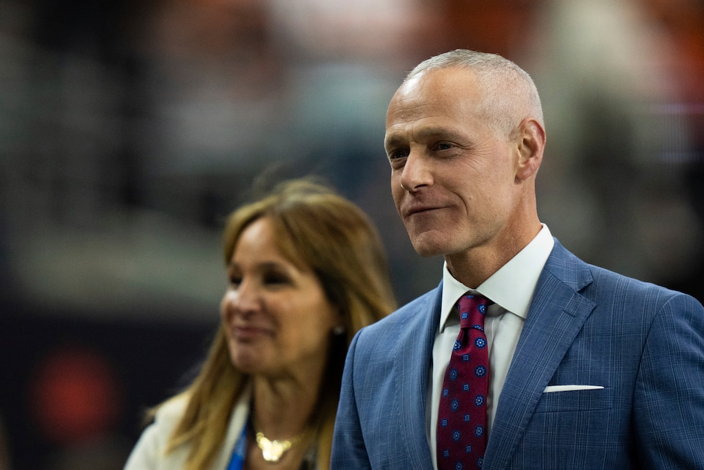 Big 12 Conference Commissioner Brett Yormark walks around the field during the first quarter of the Big 12 Conference Championship game between Oklahoma State and Texas in Arlington, Texas, Saturday, Dec. 2, 2023. (Sara Diggins/Austin American-Statesman via AP)