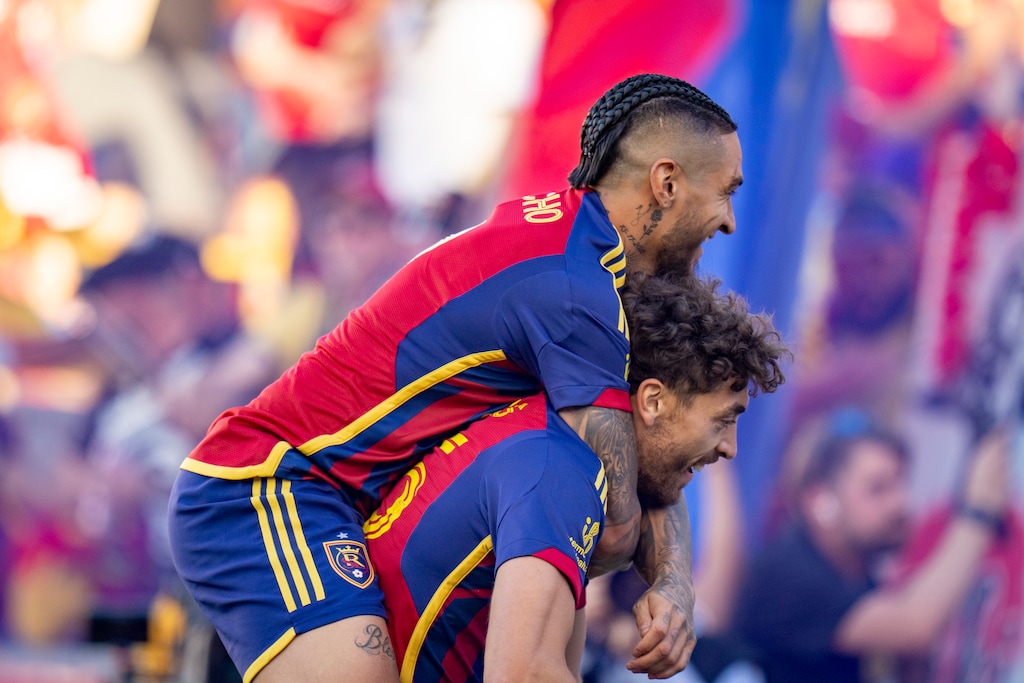 (Rick Egan | The Salt Lake Tribune)  Chicho Arango, top, celebrates Real Salt Lake midfielder Matt Crooks' goal in the first minute of RSL's 5-2 win over Atlanta United in Sandy, on Saturday, July 6, 2024.