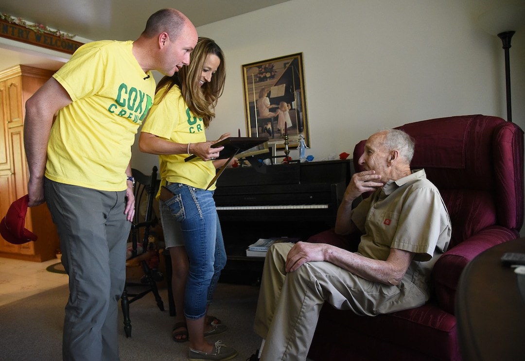 (Francisco Kjolseth  |  The Salt Lake Tribune)  Lt. Gov. Spencer Cox, joined by his wife Abby, stop in to meet Fred Christiansen and his wife Mary, long time residents of the town of Garland, Utah.