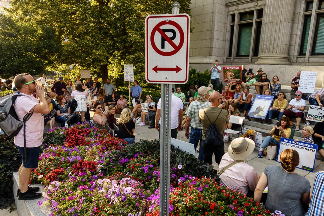 (Trent Nelson | The Salt Lake Tribune)  People gathered in front of the LDS Church Administration Building Salt Lake City, Sunday Sept. 9, 2018 in support of Sam Young. Young was in a disciplinary hearing tonight after he made calls for changes to the church's youth interview process.