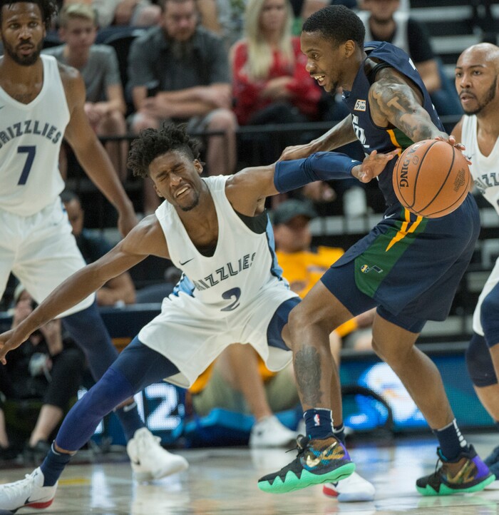 (Rick Egan  |  The Salt Lake Tribune)      Memphis Grizzlies guard Kobi Simmons (2) goes after the ball as Utah Jazz guard Thomas Wilder (16) brings it down court, in Utah Jazz summer league action between Utah Jazz and Memphis Grizzlies in Salt Lake City, Tuesday, July 3, 2018.