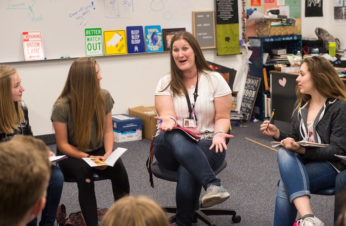 (Rick Egan  |  The Salt Lake Tribune)   Kristie Wallace teaches drama at Elk Ridge Middle School in South Jordan, Thursday, April 26, 2018.


