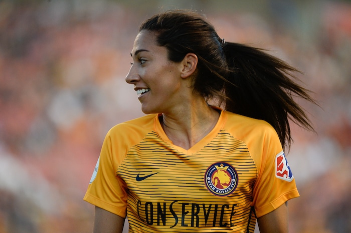 (Francisco Kjolseth  |  The Salt Lake Tribune)  Utah Royals FC forward Christen Press (23) is cheered by the fans as she gets ready for a corner kick as Utah Royals FC hosts the North Carolina Courage at Rio Tinto Stadium in Sandy, Utah on Saturday, July 27, 2019.
