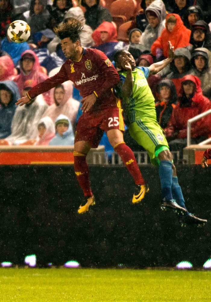 (Rick Egan  |  The Salt Lake Tribune) Real Salt Lake midfielder Danilo Acosta (25) goes for the ball along with Seattle Sounders defender Kelvin Leerdam (18), in MLS soccer action, Real Salt Lake vs Seattle Sounders, in Sandy, Saturday, September 23, 2017.