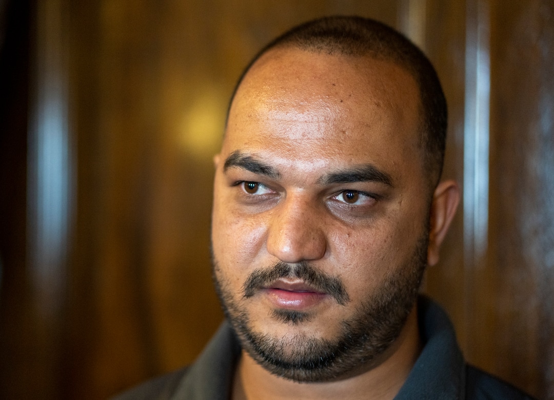 (Rick Egan | The Salt Lake Tribune) Ahmad Naweed Shirzad, and Afghan refugee speaks to reporters in the gold Room at the State Capitol during a news conference for "Afghan Day on the Hill" on Wednesday, Feb. 23, 2022.