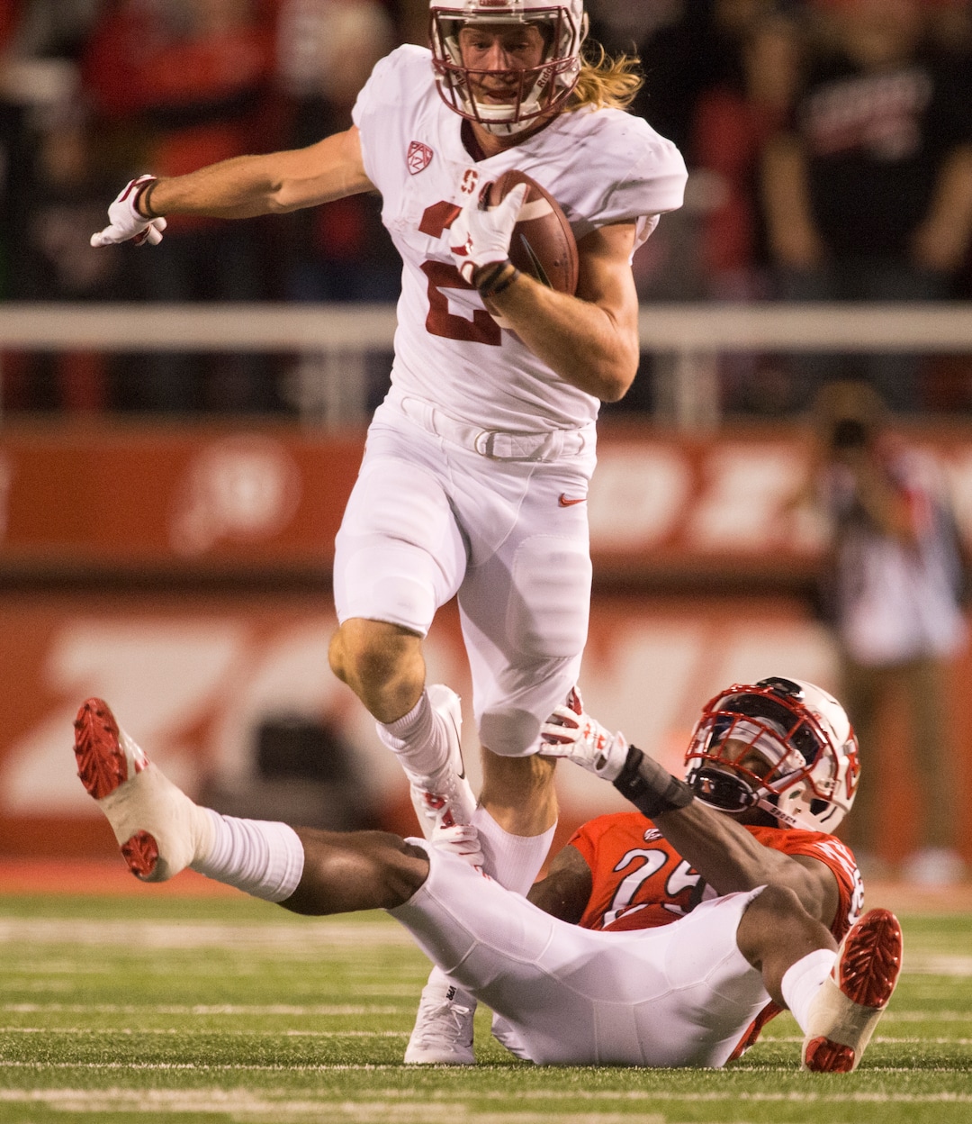 (Rick Egan  |  The Salt Lake Tribune)Utah Utes defensive back Casey Hughes (25) stops Stanford Cardinal wide receiver Trenton Irwin (2), in PAC-12 football action, Utah Utes vs. Stanford Cardinals, at Rice-Eccles Stadium, Saturday, October 7, 2017.