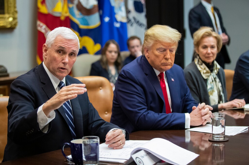 Vice President Mike Pence with President Donald Trump and White House coronavirus response coordinator Dr. Deborah Birx, speaks during a coronavirus briefing with Airline CEOs in the Roosevelt Room of the White House, Wednesday, March 4, 2020, in Washington. (AP Photo/Manuel Balce Ceneta)