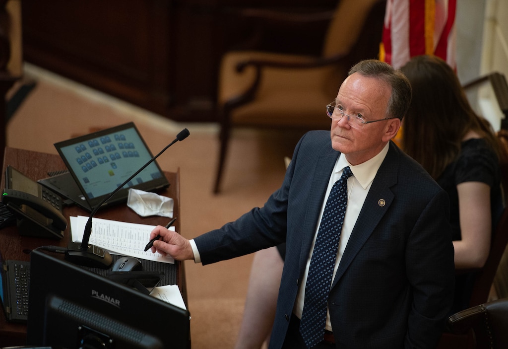 (Francisco Kjolseth  | The Salt Lake Tribune) Senate President Stuart Adams, R-Layton, conducts business at the Capitol in Salt Lake City on Friday, March 5, 2021, during the final day of the Utah Legislature’s 2021 general session.