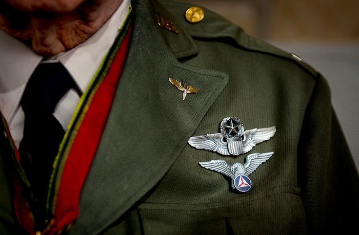 (Isaac Hale | The Daily Herald via AP) Accolades from Gail Halvorsen 's military career adorn his uniform as he poses for a portrait at his son's home in Midway on Wednesday, Oct. 7, 2020. Air Force Colonel (retired) Gail S. Halvorsen changed the course of history with just two pieces of gum. Now has made a bit of his own history. Halvorsen turned 100 years old this month.