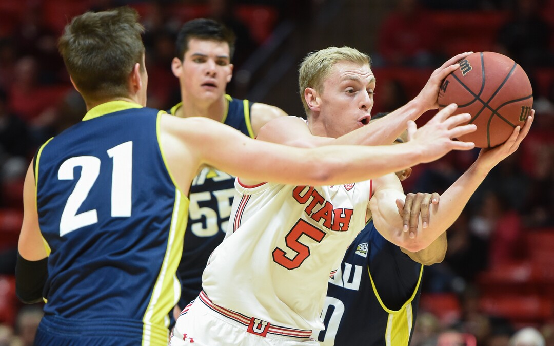 (Francisco Kjolseth  |  The Salt Lake Tribune)  Utah Utes guard Parker Van Dyke (5) pushes through the Northern Arizona defense during the second half of an NCAA basketball college basketball game at the Jon M. Huntsman Center in Salt Lake City, Ut., Friday Dec. 21, 2018.